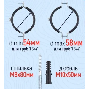 Хомут с гайкой 1 3/4" (54-58), шпилька-шуруп м8, дюбель пластиковый (Эльф)